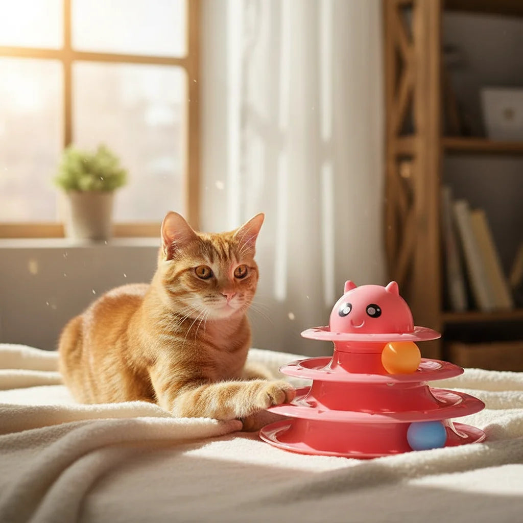 Interactive 3-Tier Cat Turntable Toy with Balls and Scratching Surface