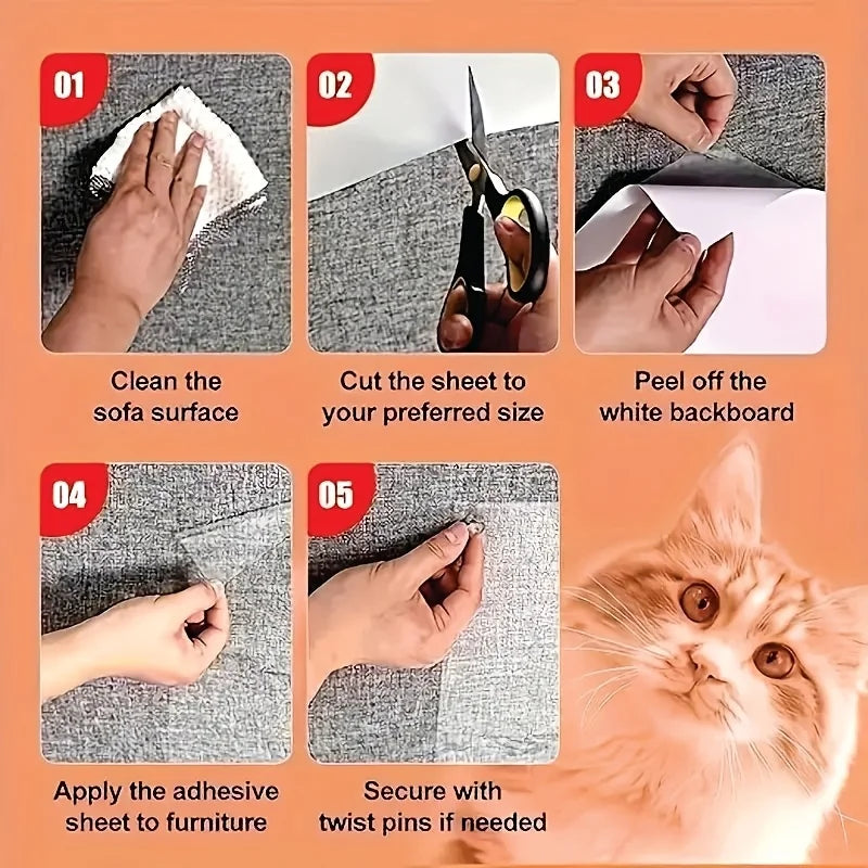 Five steps showing how to use clear cat scratch protection tape to secure a board to furniture
