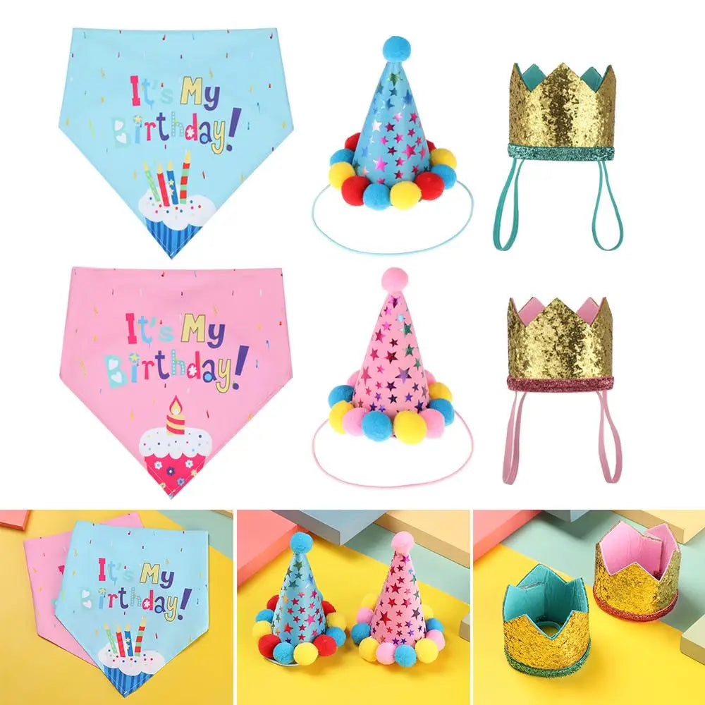 A collection of sequin pet party headwear and bibs for dogs and cats in various colors and designs.