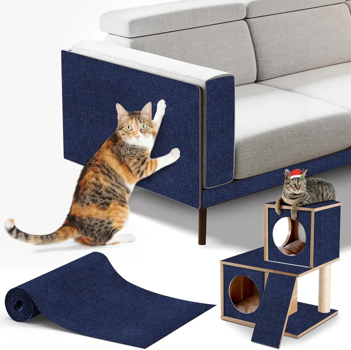 A self-adhesive cat scratching mat is shown with a cat interacting with the mat and a wooden scratching post.