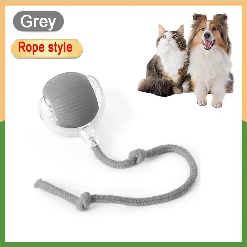 Grey rope style interactive prey-simulating pet toy ball with a gray cord and a cat and dog.