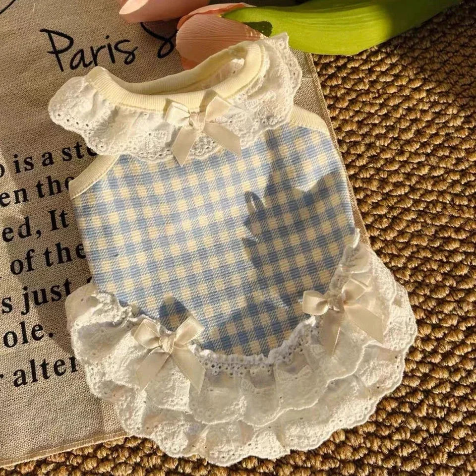 A white and blue gingham summer dress for a small dog with lace trim and ruffle details.