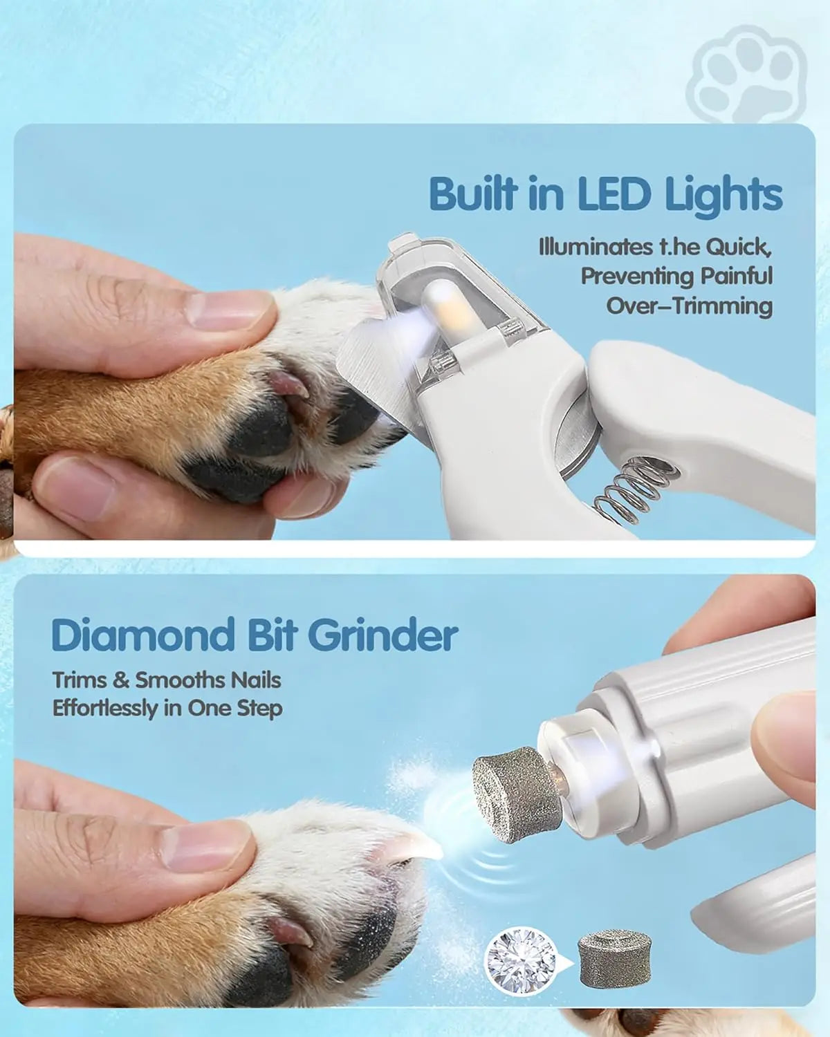 Eine Hand benutzt ein LED-Lichtwerkzeug, um eine Katzenpfote zu trimmen und zu glätten, gefolgt von einem Diamant-Fräser für 