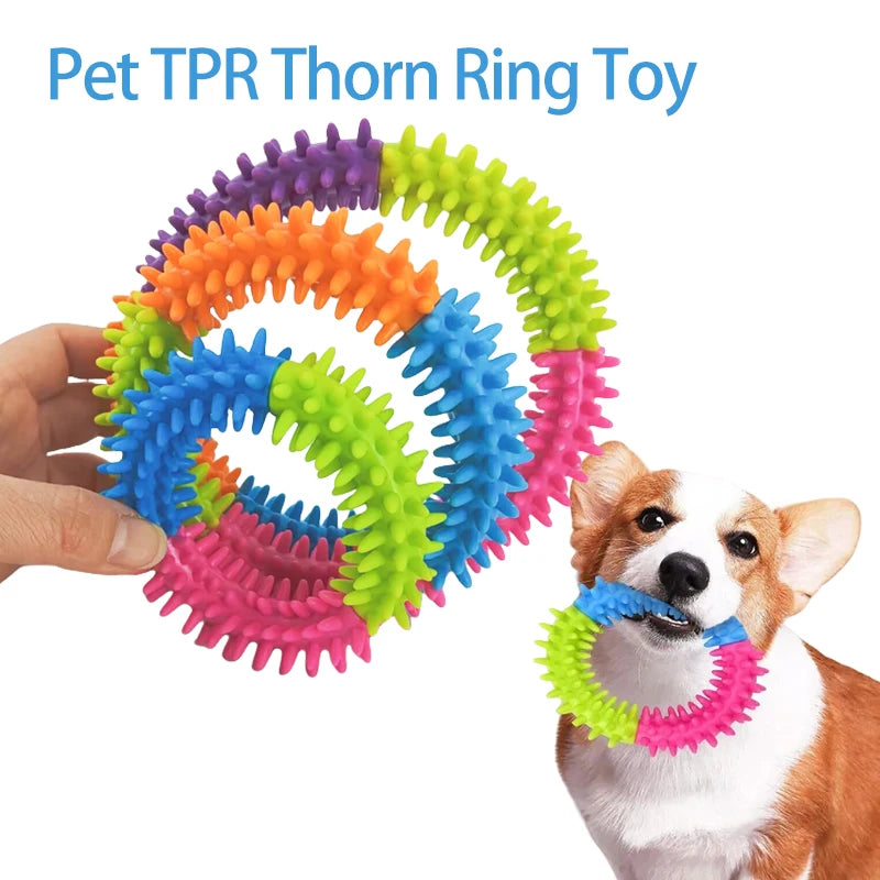 A hand holds a colorful spiky ring toy for dogs, featuring multiple colored plastic rings.