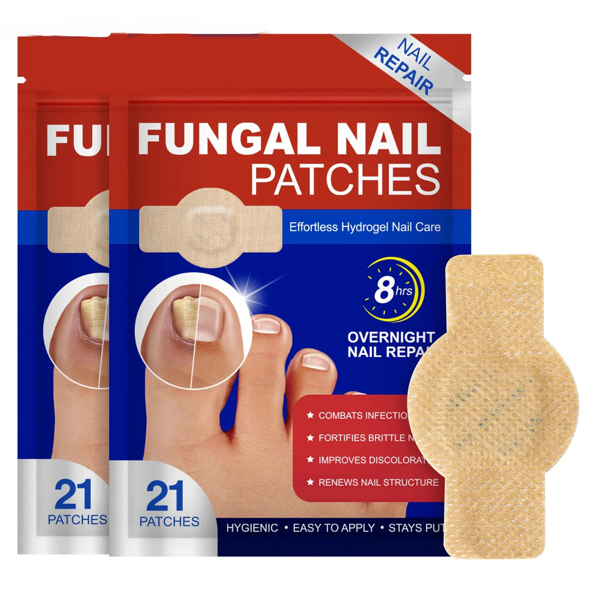 Box of fungal nail patches for repair and treatment shown next to a single patch.