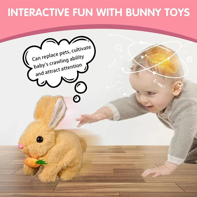 A baby is interacting with an orange plush bunny toy designed for crawling and attention attraction.