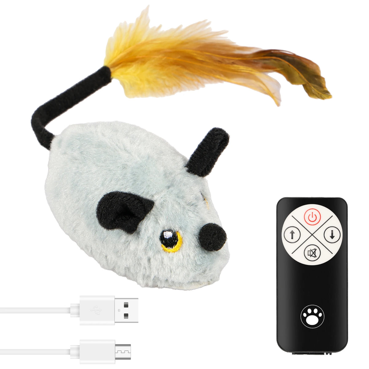 Flauschiges graues Mäuschen-Plüschtier mit schwarzen Ohren und gelben Augen, neben Fernbedienung und Ladekabel.