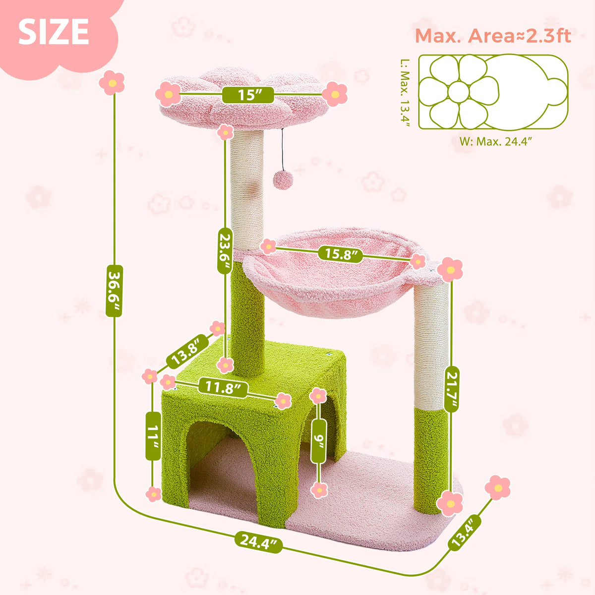 A pink and lime green decorative cat tree with sisal scratching posts and a feeding bowl.
