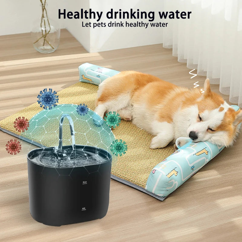 A black stainless steel cat water fountain with a faucet and automatic sensor is placed on a mat next to a sleeping orange an
