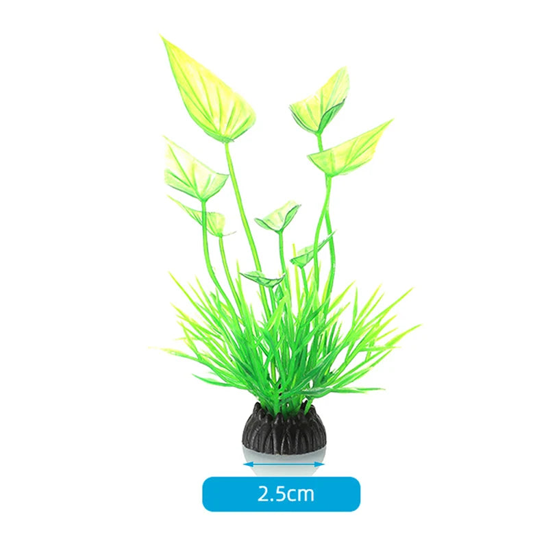 A small potted plant with bright green leaves and stems used for aquarium decor.
