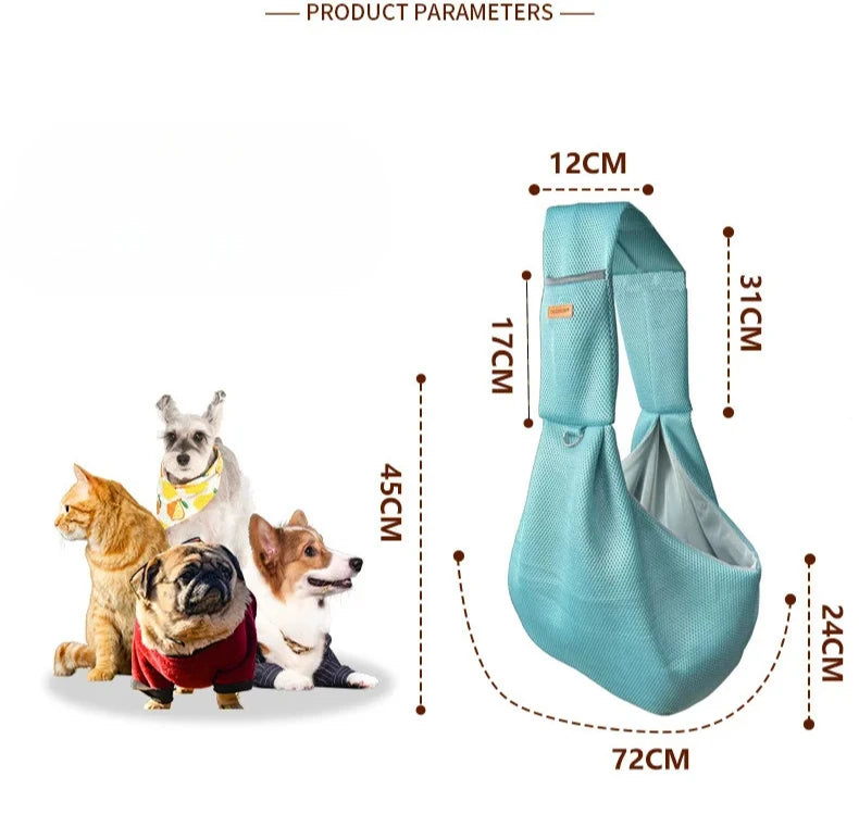 A light blue breathable mesh dog carrier bag with straps and a handle, shown next to a small dog.