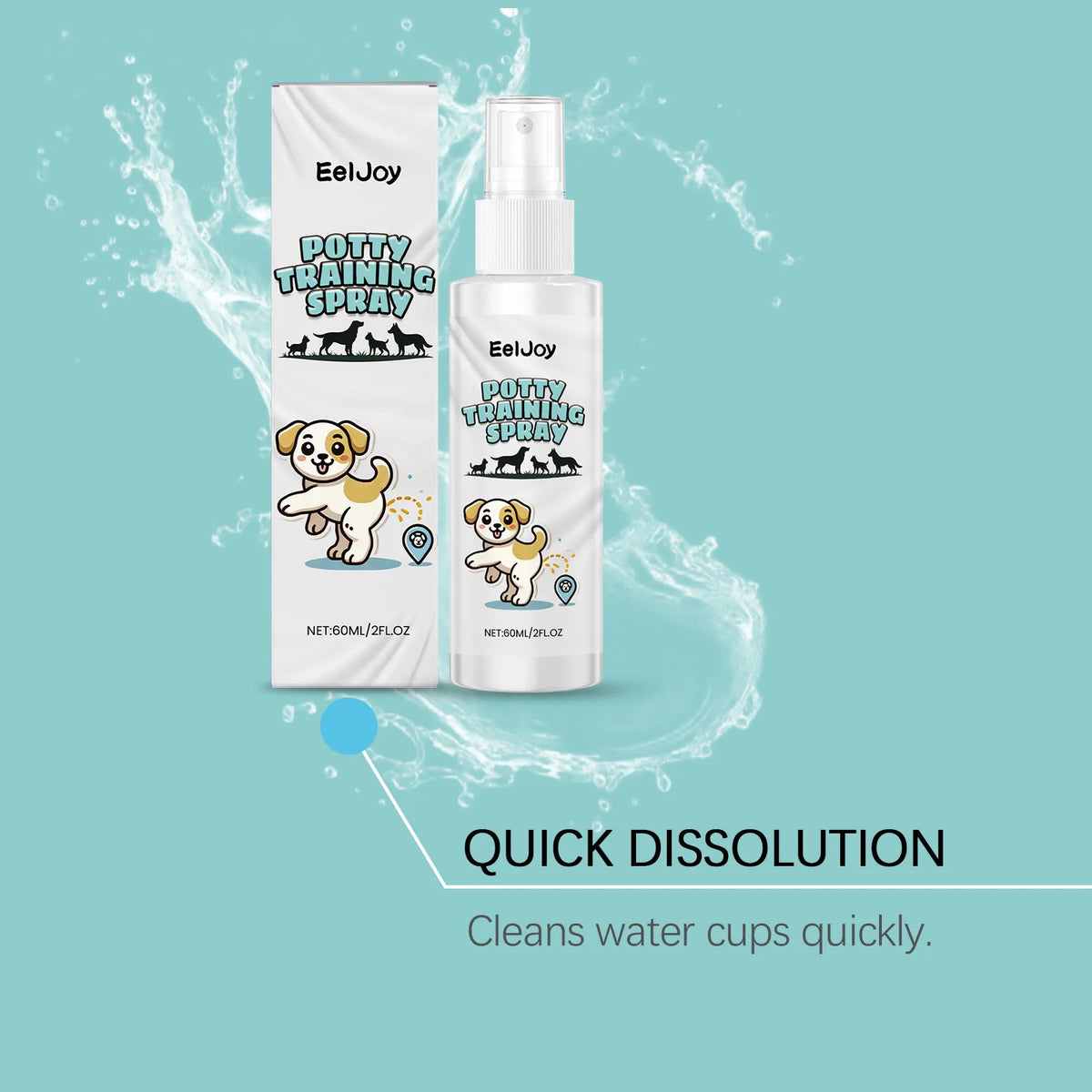 A bottle of EelJoy Potty Training Spray is shown against a light teal background with water splashes, emphasizing quick disso