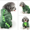 A gray poodle pet costume jumpsuit in green velvet with neon yellow accents.