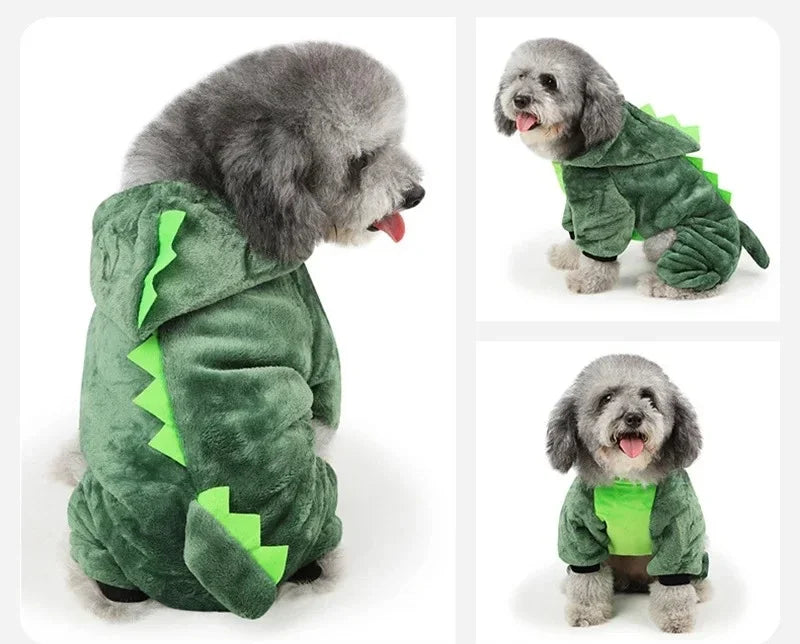 A gray poodle pet costume jumpsuit in green velvet with neon yellow accents.