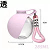 A pink portable stainless steel dog water dispenser with a silicone loop for travel.