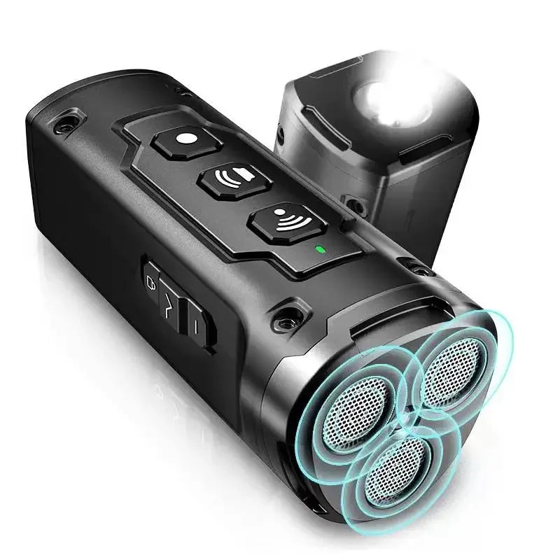 Dispositivo ultrasónico para entrenamiento de perros negro con linterna LED, visto desde un ángulo.