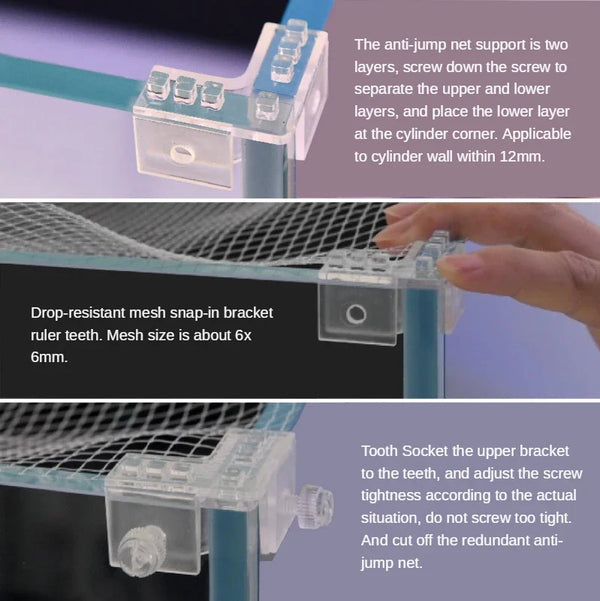 Close-up of a transparent aquarium safety net with layered support and mesh for securing fish.