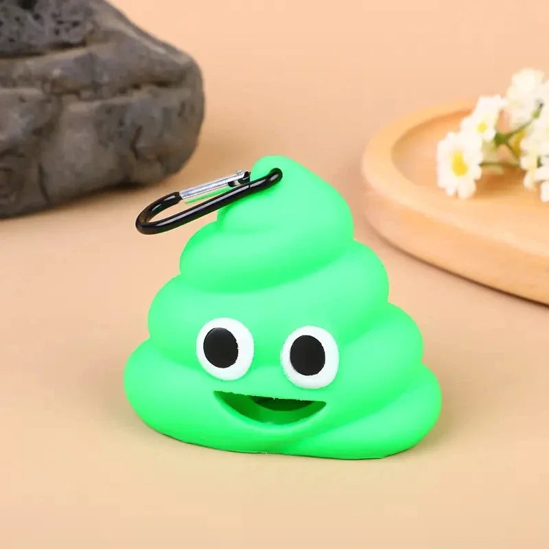 A bright green silicone toy shaped like a cone with large eyes and a clip, used as a portable dog waste bag dispenser.