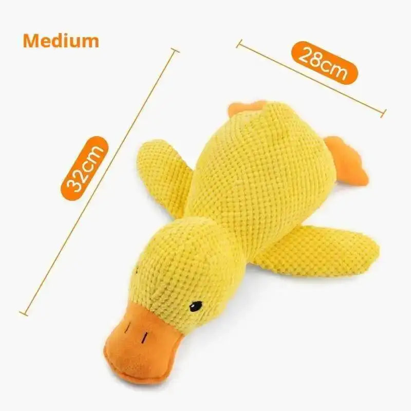 Yellow plush duck dog toy with a squeaker, shown against a white background.