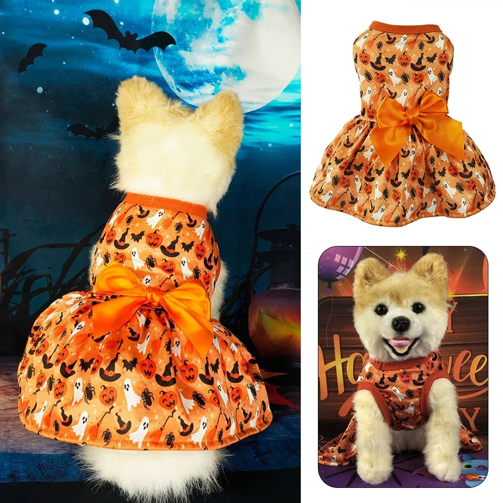 Halloween Dog Dress with Pumpkin & Bat Print