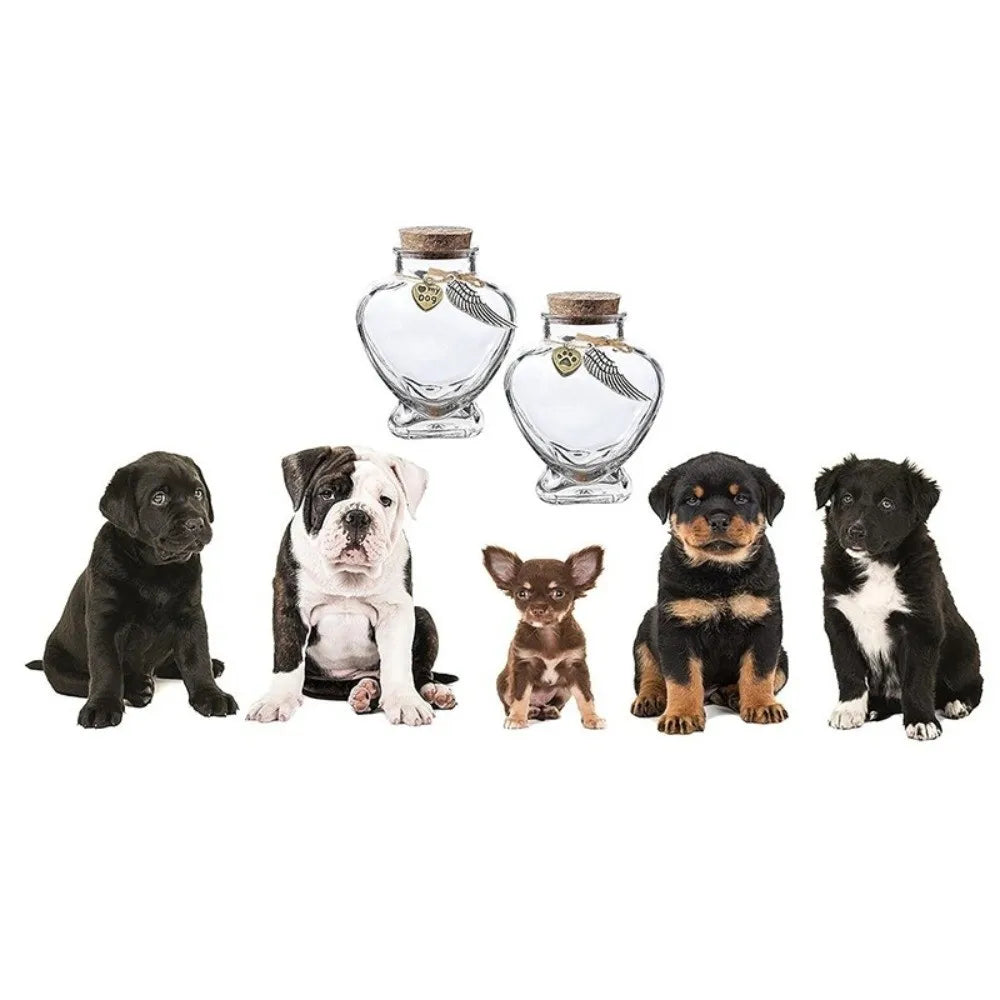 A collection of dog breeds and a heart-shaped pet hair storage jar.
