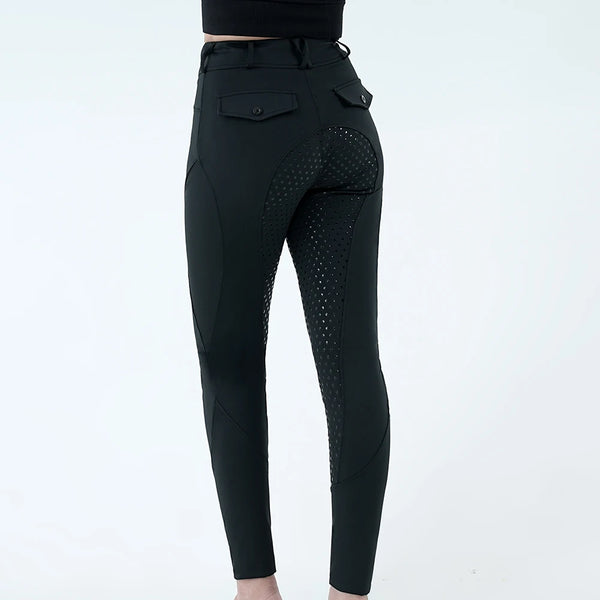 Black women's full-seat riding breeches with perforated detailing