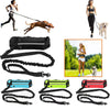 Hands-Free dog leash with a waist bag and reflective stitching shown alongside a dog walking and various leash components.