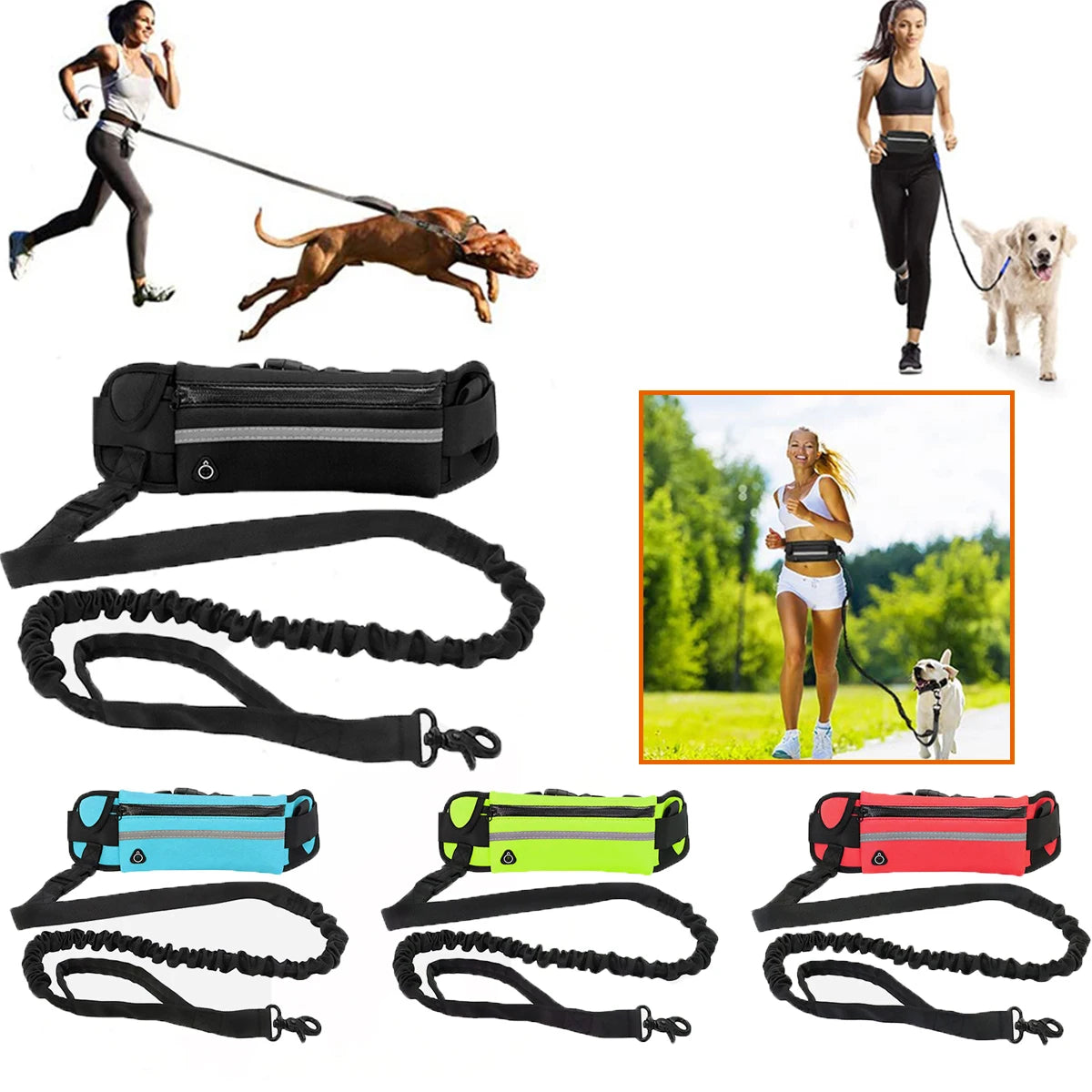 Hands-Free dog leash with a waist bag and reflective stitching shown alongside a dog walking and various leash components.