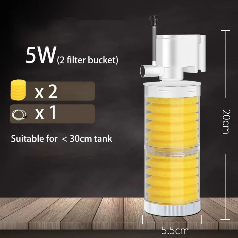 A white submersible aquarium filter with yellow filter bags, suitable for tanks under 30cm.