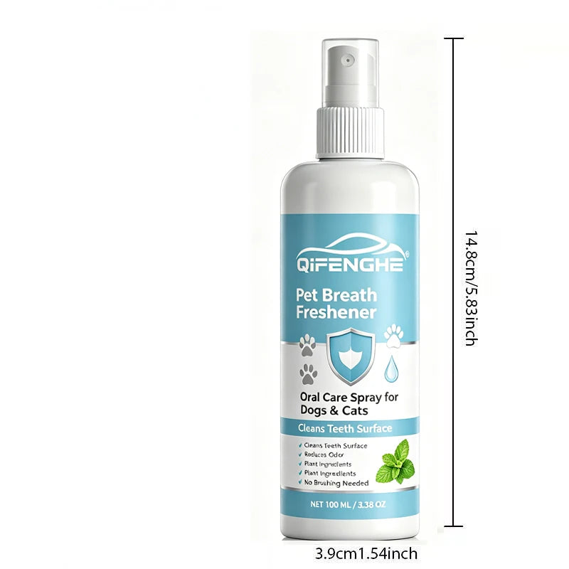 A white spray bottle of Plant-Based Pet Breath Freshener for Dogs & Cats with a silver cap and blue label