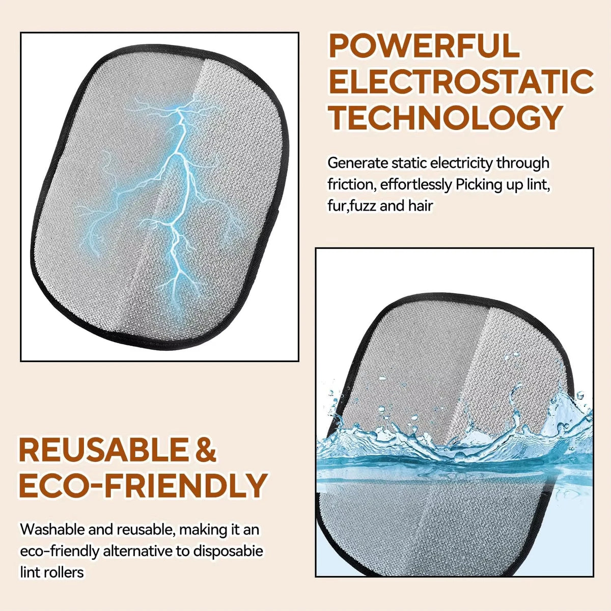 A reusable pet hair removal pad demonstrating electrostatic technology for lint and fur.