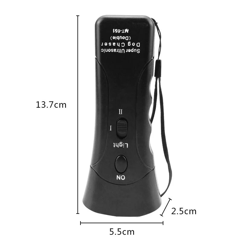Black ultrasonic dog chaser device with light and power switch shown in a side view.