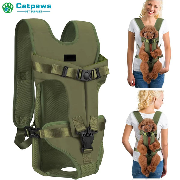 Olive green hands-free pet carrier backpack with a dog inside