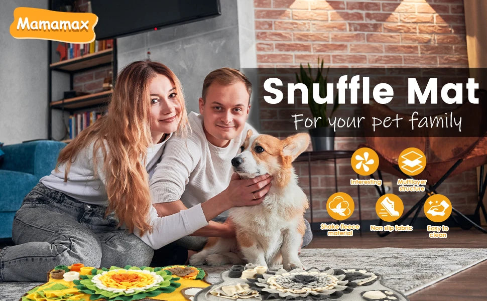 A woman and man are interacting with a dog on a snuffle mat for pet training.