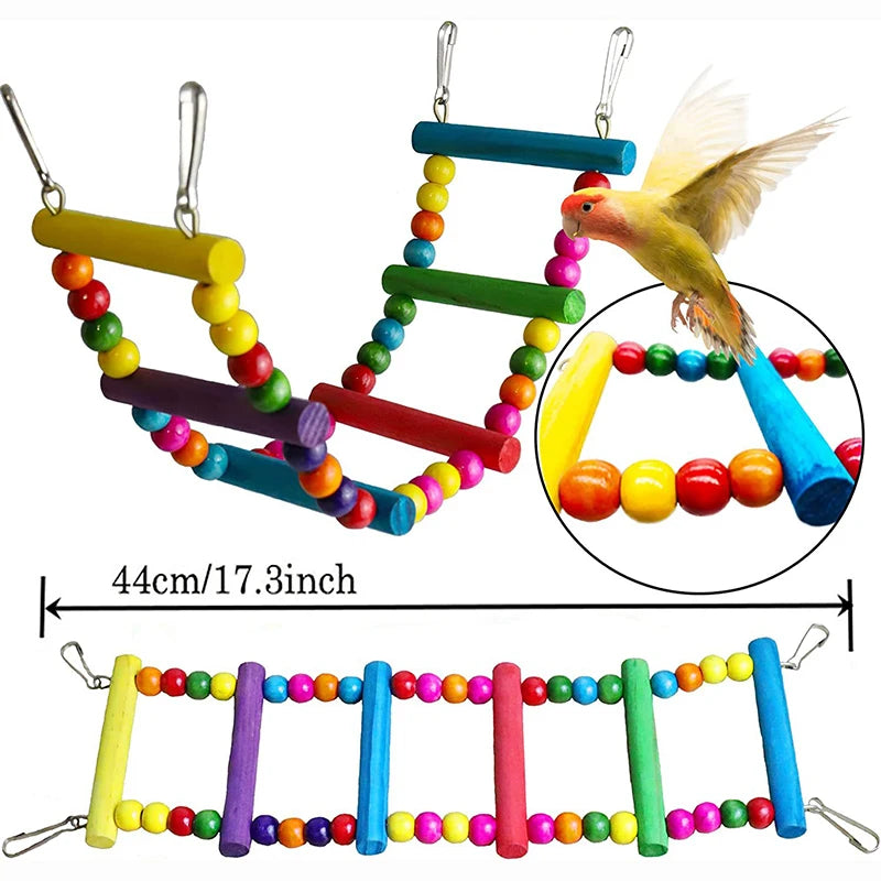 Wooden parrot toy set featuring a swing, ladder, and colorful beads for play