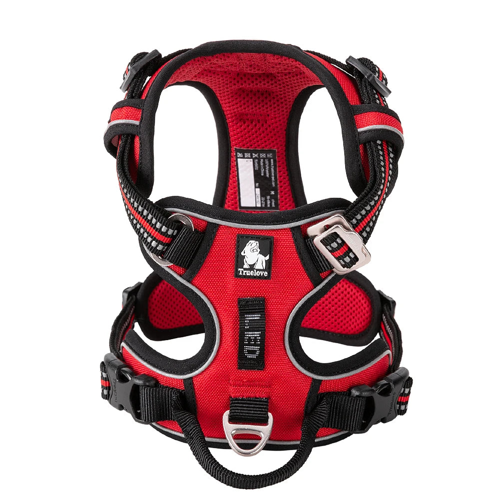 Rotes gepolstertes Nylon-Hundgeschirr mit schwarzem und reflektierendem Zierstoff für ein Haustier.