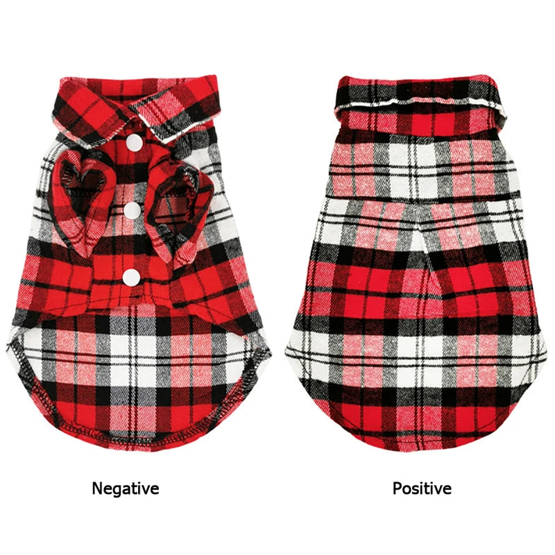 A red and black plaid vest for a small pet, shown in negative and positive forms.
