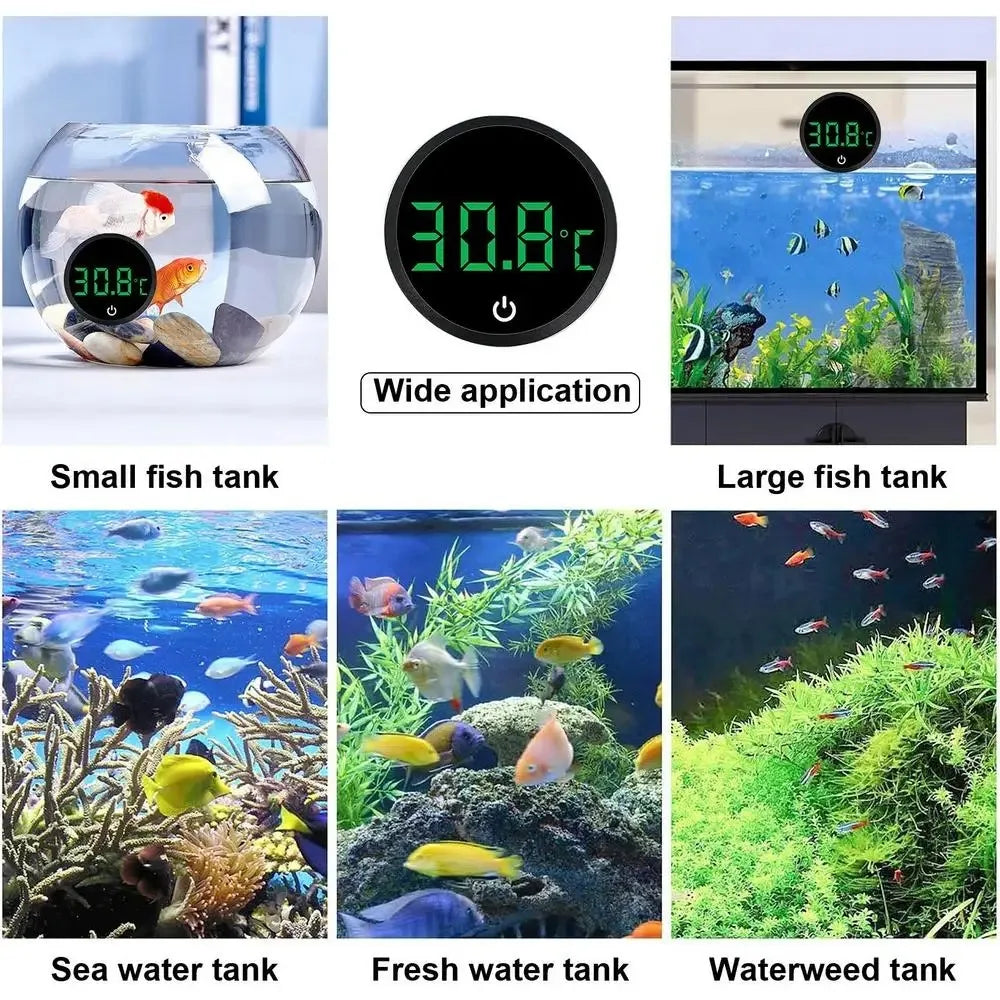 Digital aquarium thermometer showing 30.8°C with a wide application for small, large, and freshwater fish tanks.