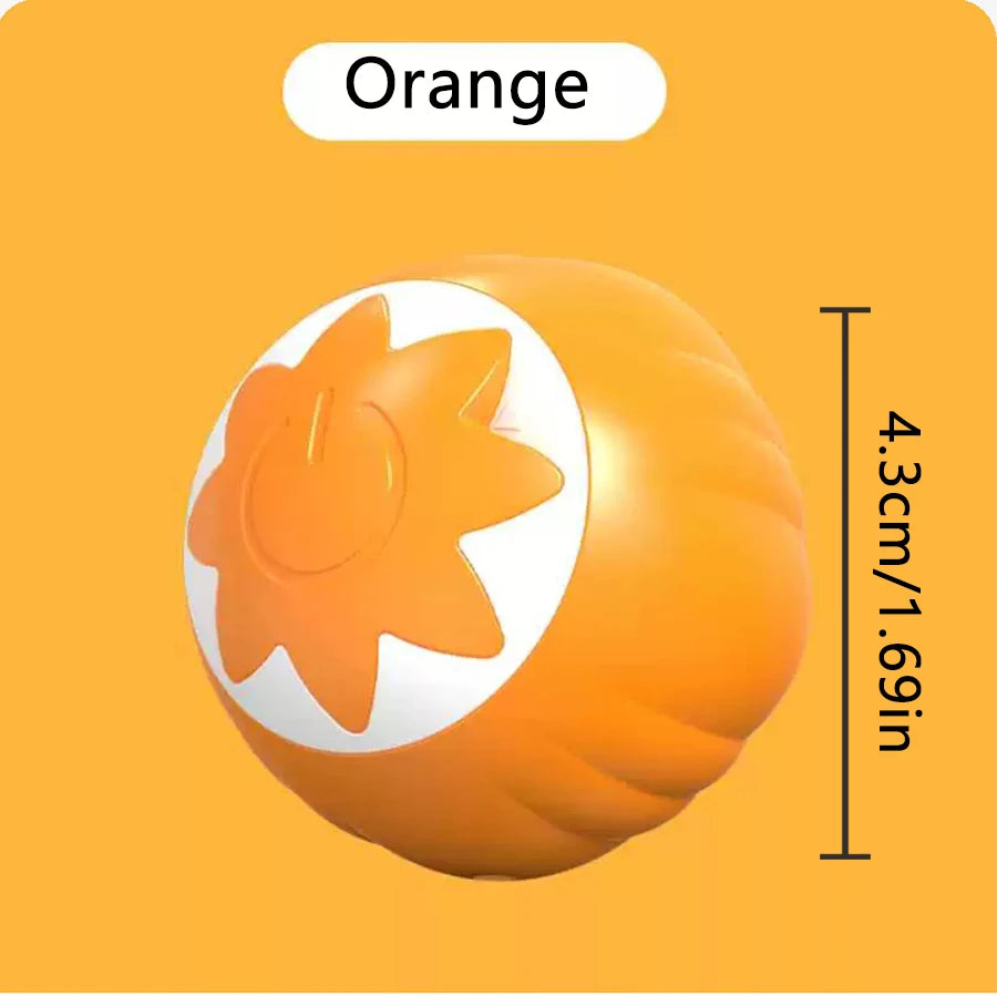Oranger, bewegungsgesteuerte Spielball für Katzen mit weißer Mitte vor orangem Hintergrund.