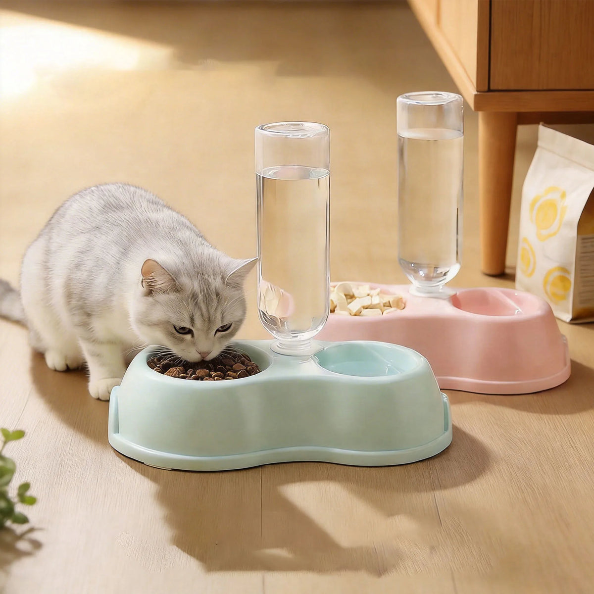 A domestic cat is feeding from a light blue dual-bowl feeder for food, with a glass of water nearby.