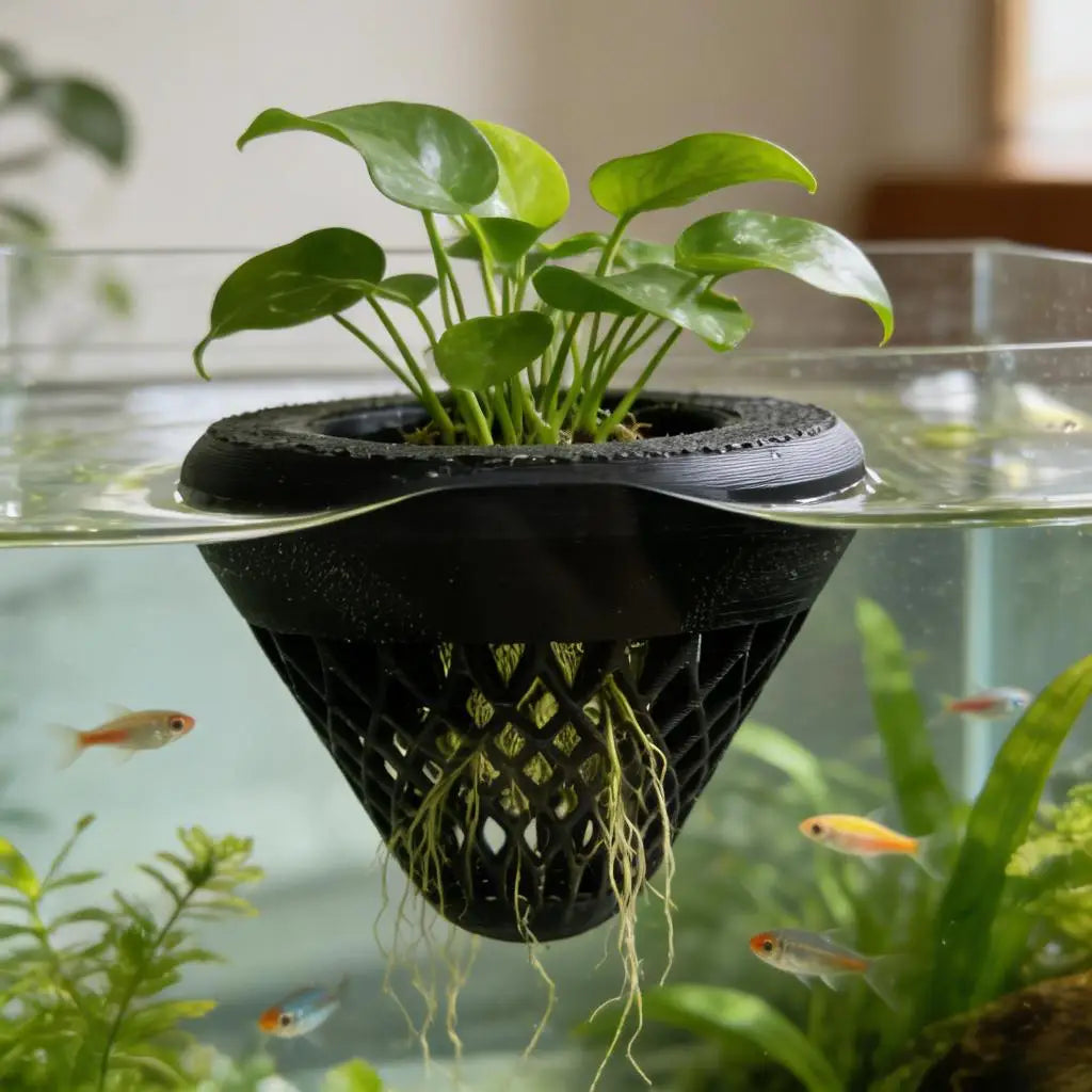 A black floating aquarium plant holder with suction cups is visible, holding green aquatic plants in water.