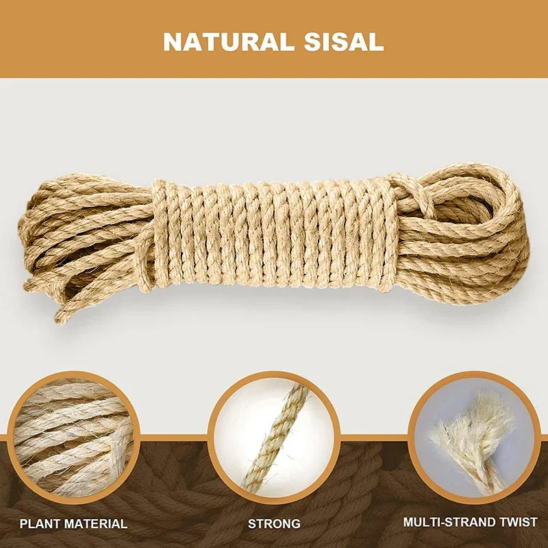 A bundle of natural sisal rope used for cat scratchers or DIY wrapping kits.