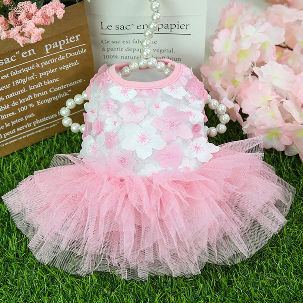 Robe en mousseline de dentelle florale rose pour chien, exposée sur l'herbe verte