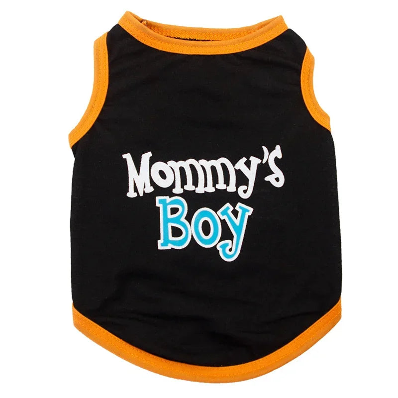 Black sleeveless dog vest with a letter print of Boy in light blue and white text on the chest