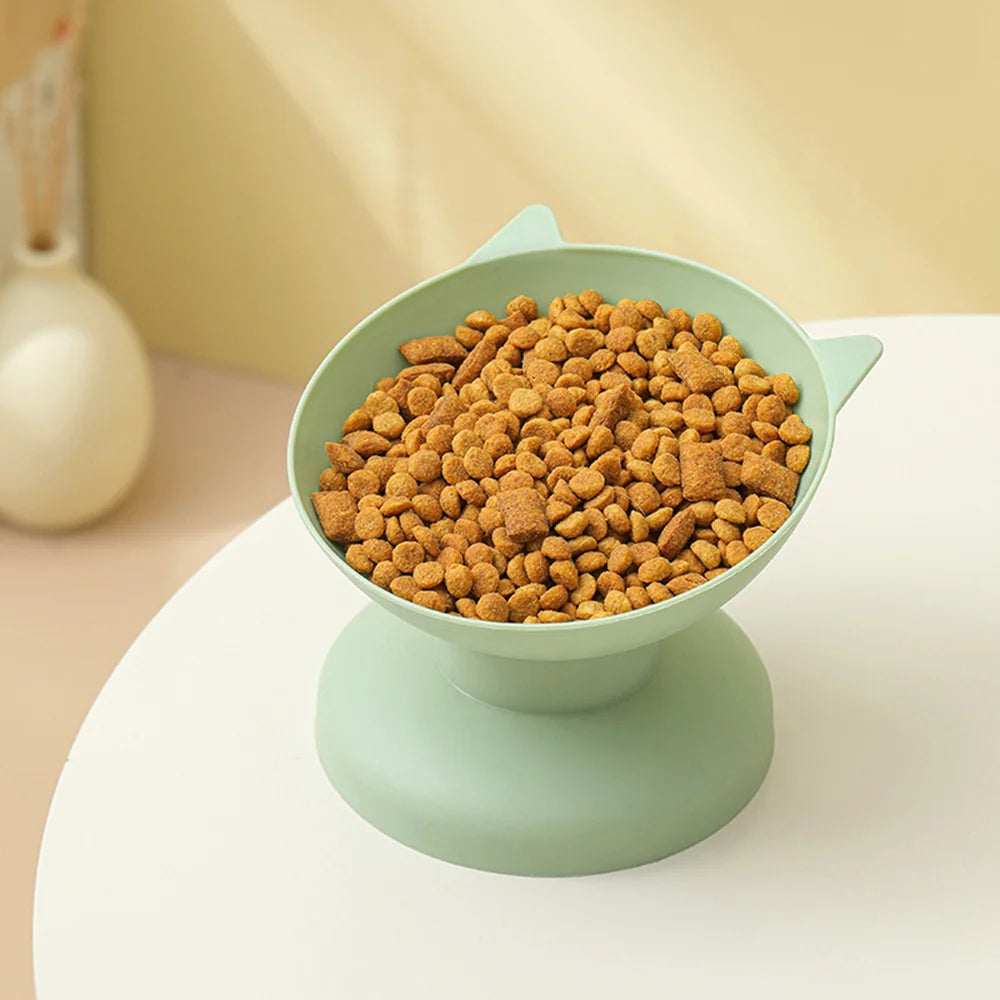 A light green elevated pet food and water bowl with a non-slip base filled with brown kibble for cats and dogs.