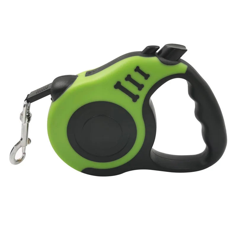 A bright lime green and black retractable dog leash with a comfortable grip.