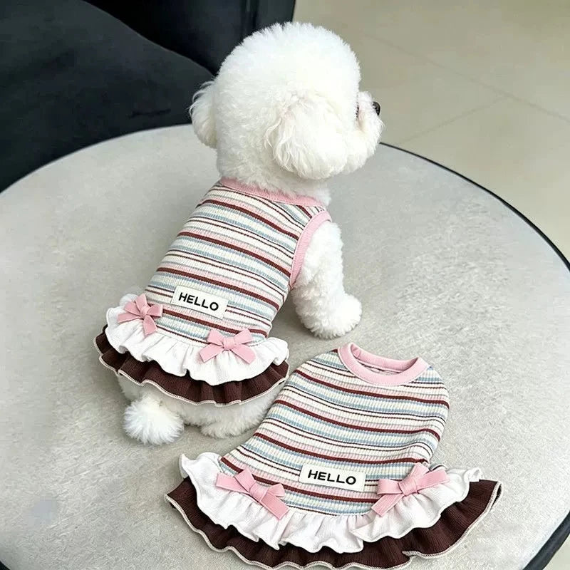 Striped Dog Dress with Bowknot - Cute Ruffle Summer Outfit for Small Dogs