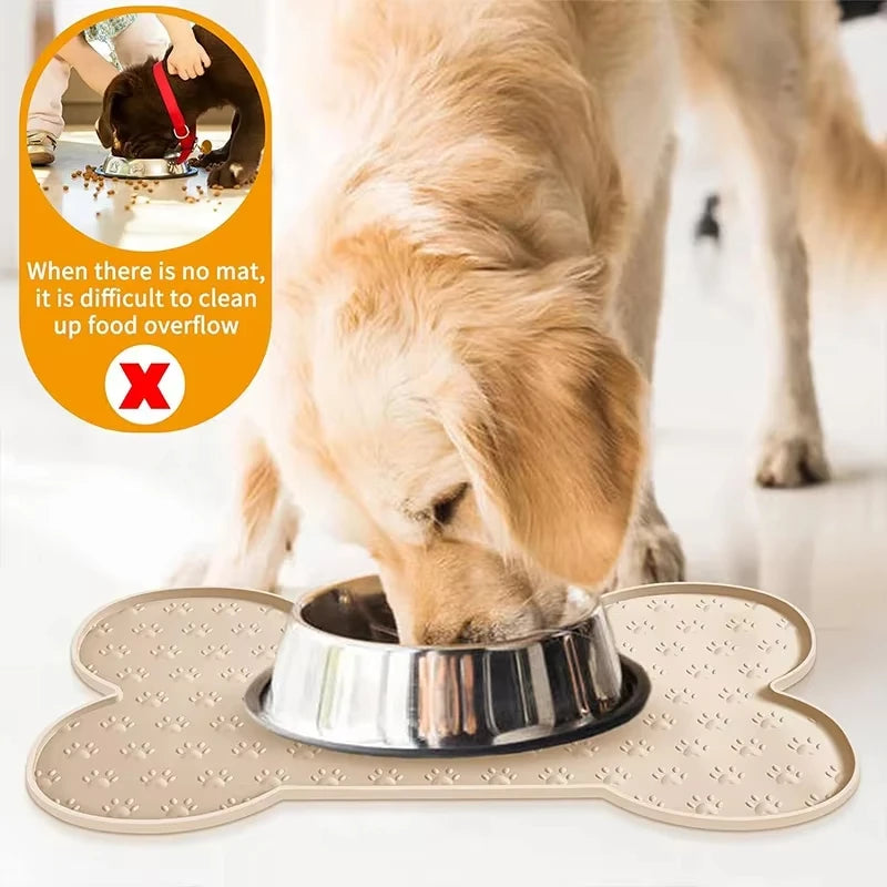 A dog is eating from an anti-slip silicone pet feeding mat designed to prevent food overflow.