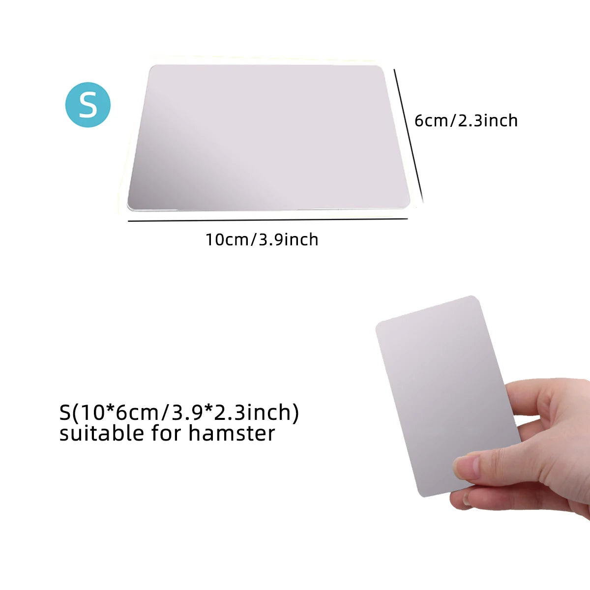 A rectangular aluminum cooling pad for a hamster, shown flat and being held by a hand.