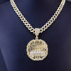 A gold plated last supper medallion necklace featuring a Cuban chain and detailed engraving.